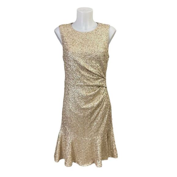 Eliza J Gold Sequin Sleeveless Flapper Dress Ruched Side Ruffled Hem Sz‎ 8 - Picture 1 of 10